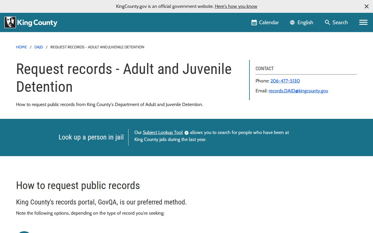 King County arrest and incarceration record request options