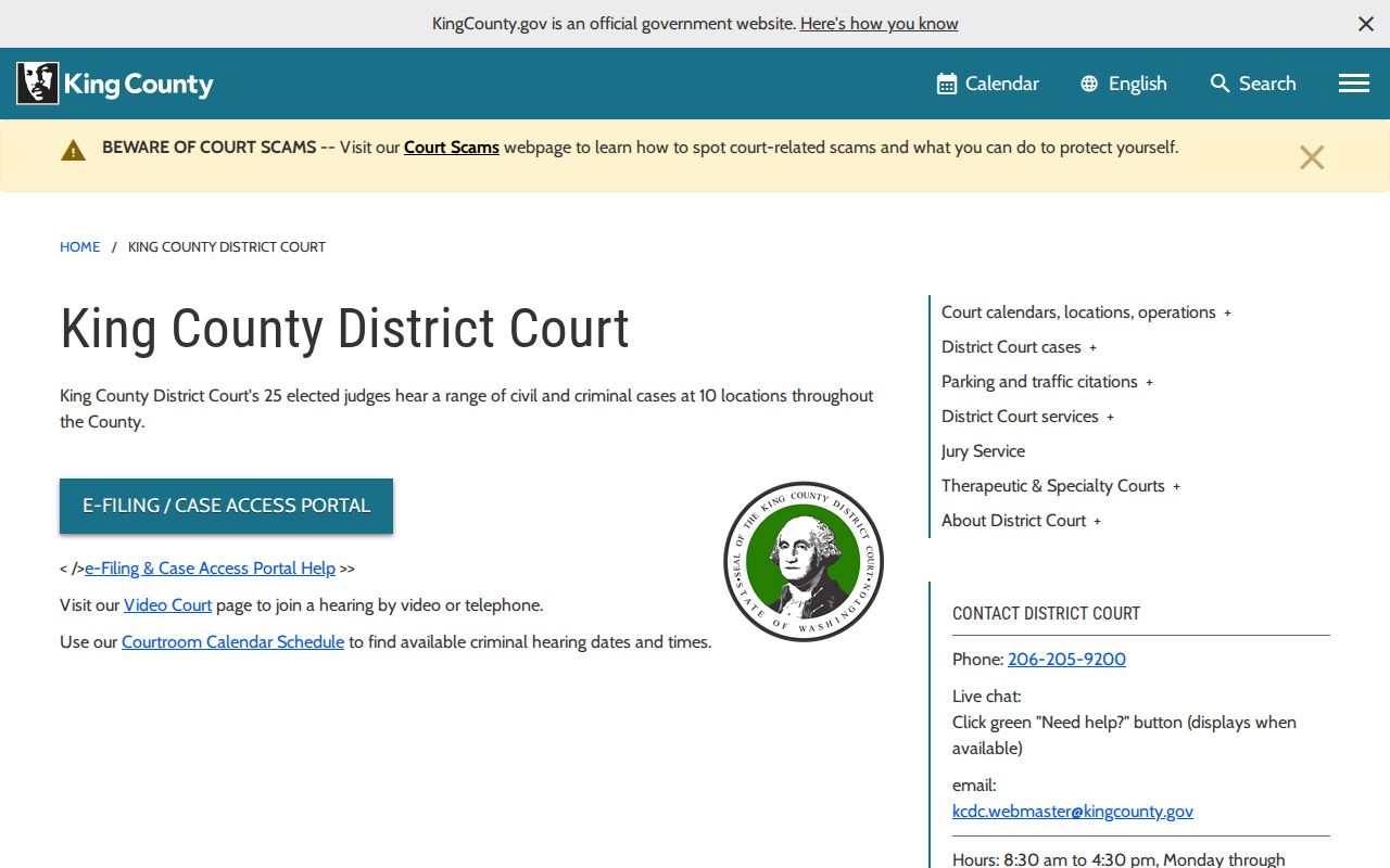 King County criminal court case access at District Court