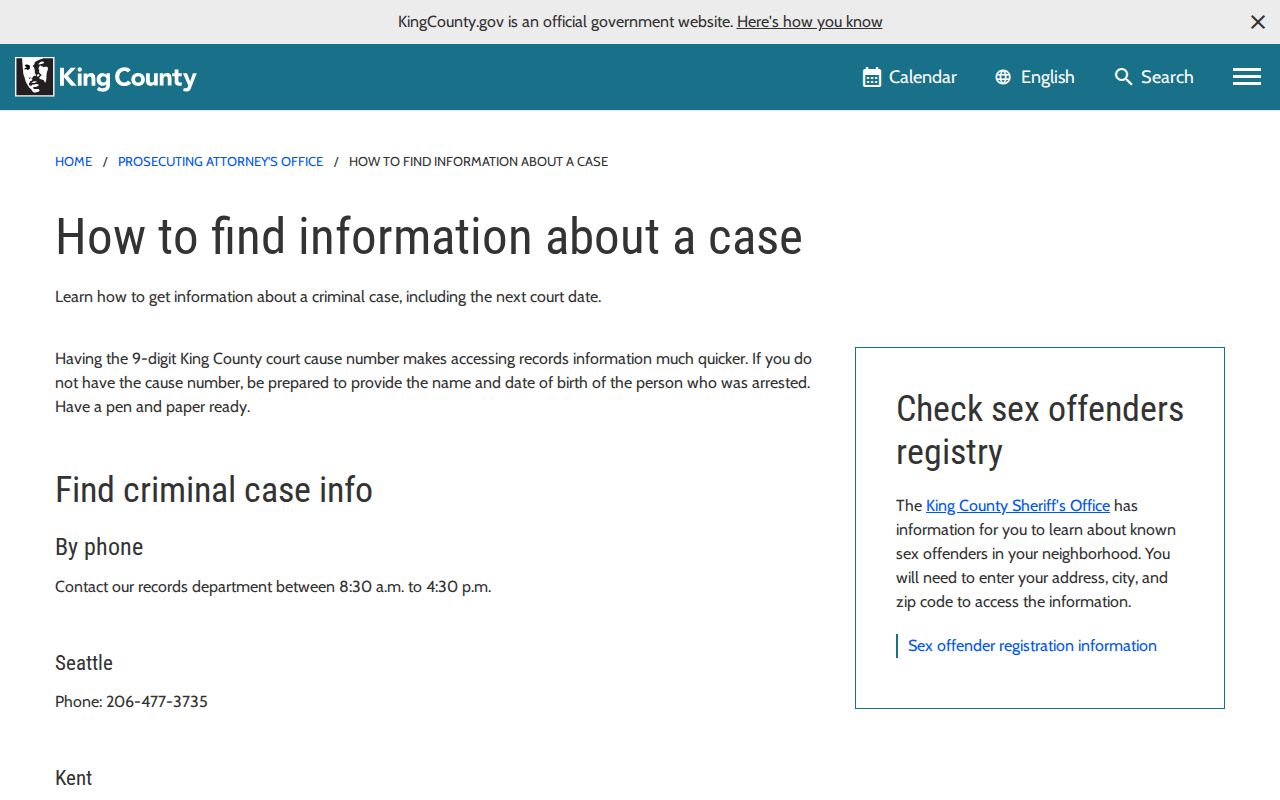 King County prosecutor criminal court case lookup guidance