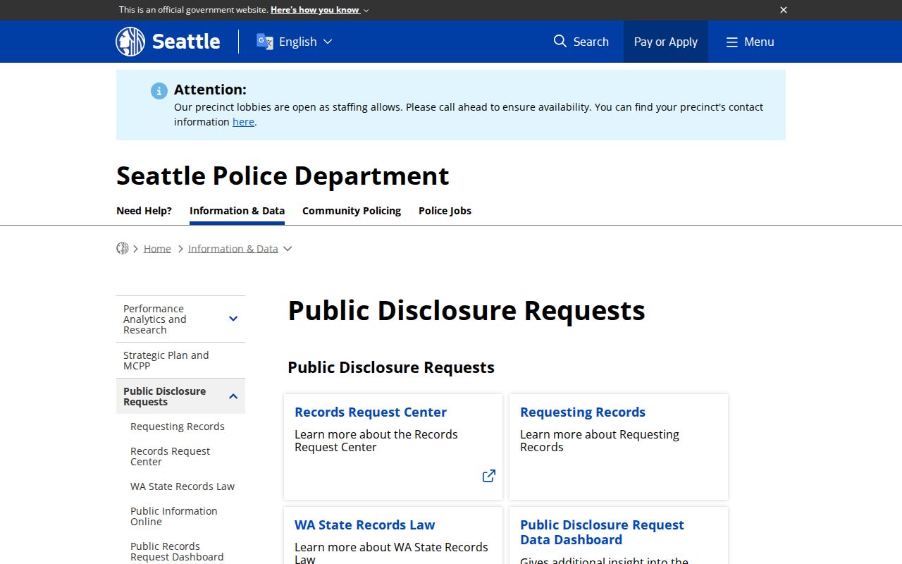 Seattle criminal records request page for police disclosures