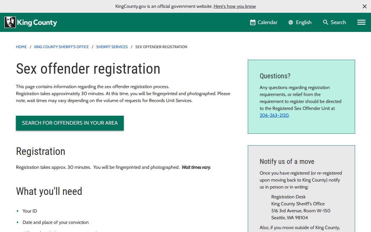King County sex offender search and sheriff registration page